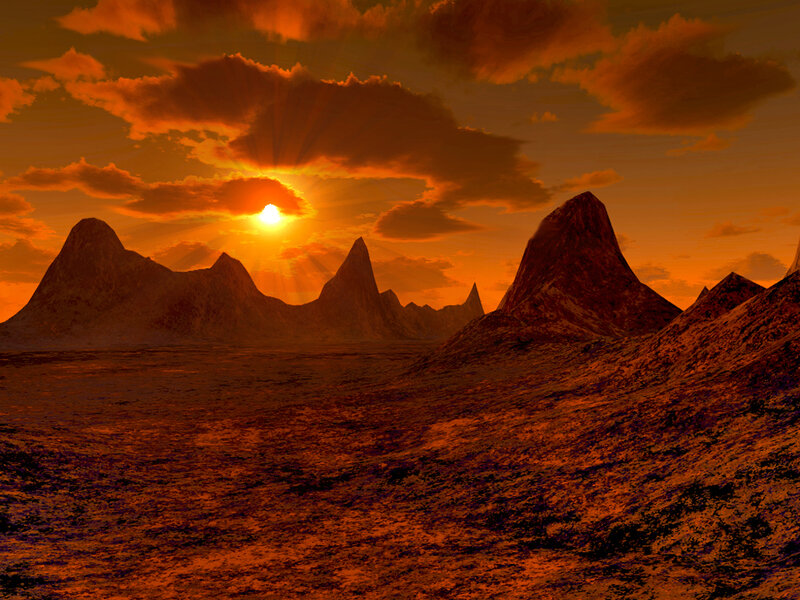 Alien Landscape at Sunset — Orange, Dramatic, Digital Art, Mountains