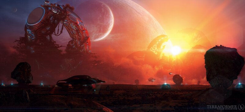 Alien Landscape at Sunset — Orange, Dramatic, Digital Art, Planet