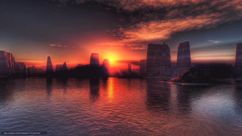 Alien Landscape at Sunset — Orange, Dramatic, Digital Art, Rock Formations