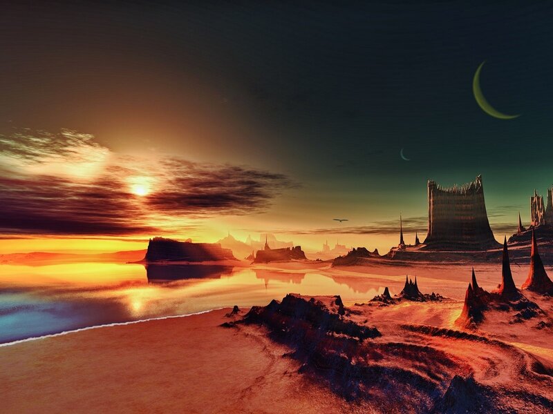 Alien Landscape at Sunset — Orange, Dramatic, Digital Art, Sun