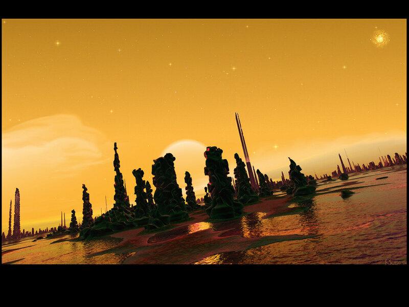 Alien Landscape at Sunset — Orange, Dramatic, Digital Art