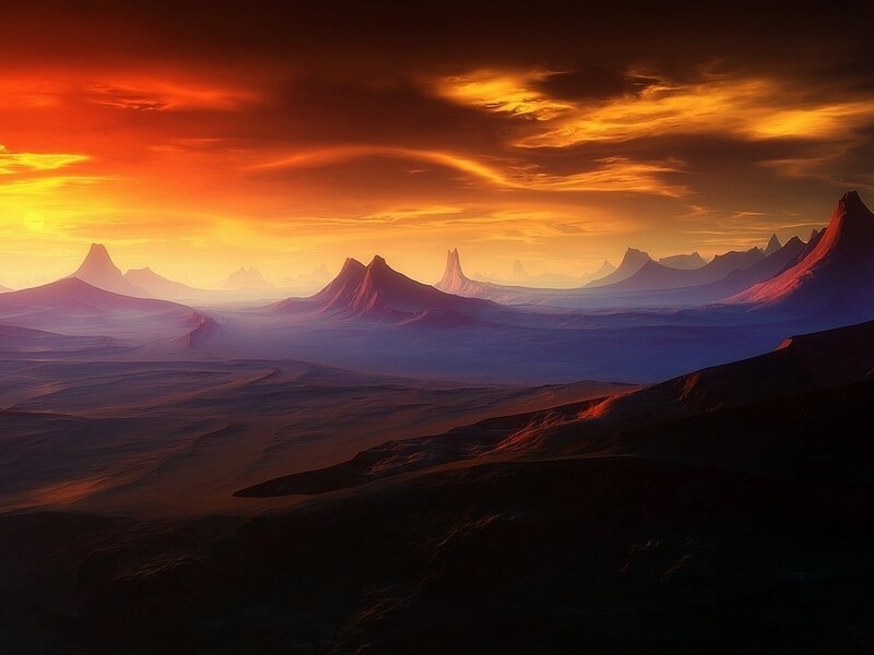 Alien Landscape at Sunset — Orange, Dramatic