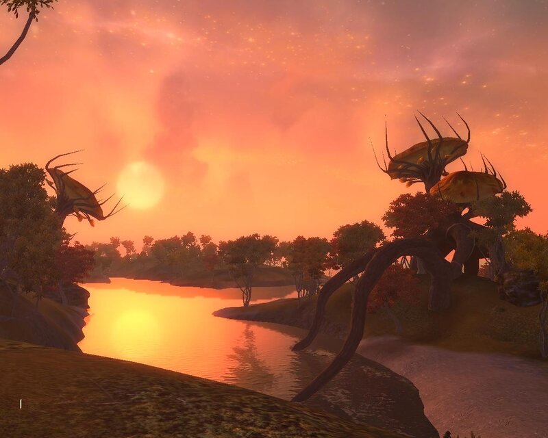 Alien Landscape at Sunset — Orange, Serene, 3d Render, River