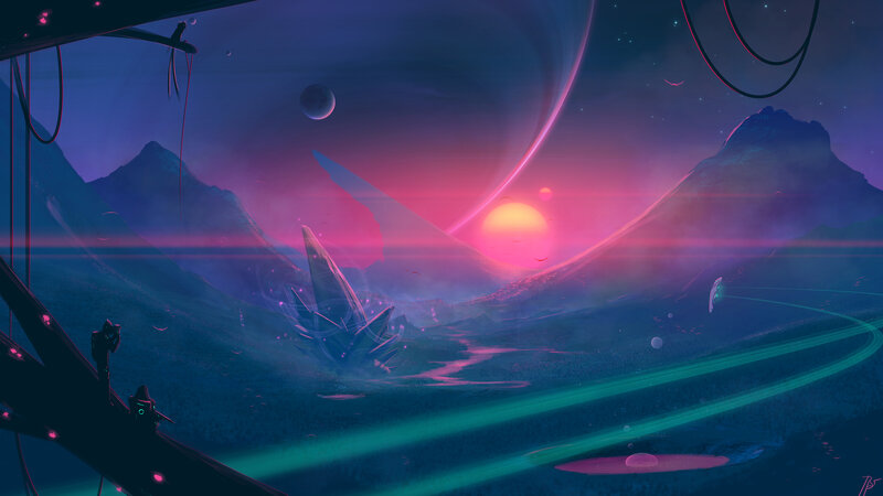Alien Landscape at Sunset — Purple, Dramatic, Digital Art, Mountains