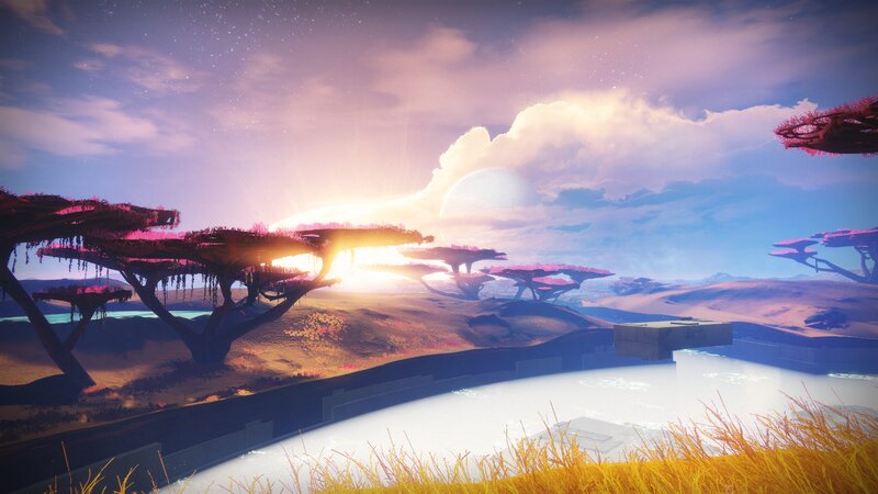 Alien Landscape at Sunset — Purple, Serene, 3d Render