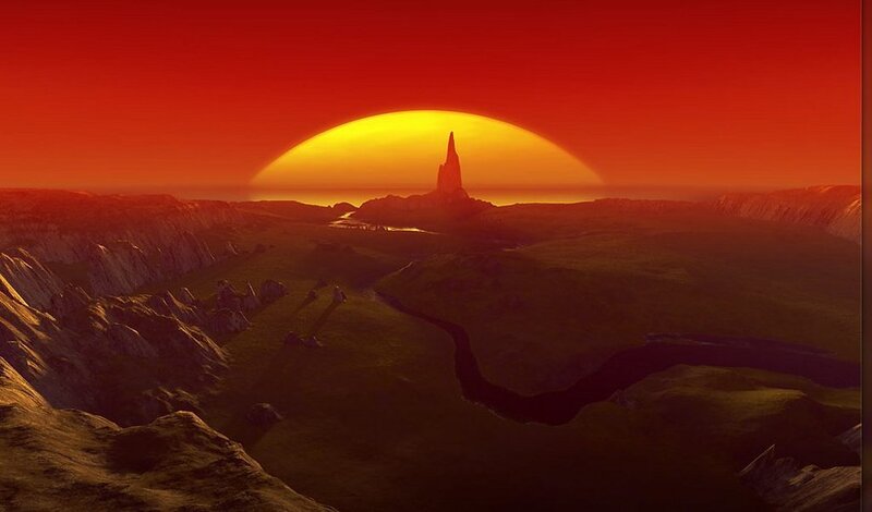 Alien Landscape at Sunset — Red, Dramatic, 3d Render, Sun