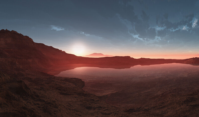 Alien Landscape at Sunset — Red, Dramatic, 3d Render
