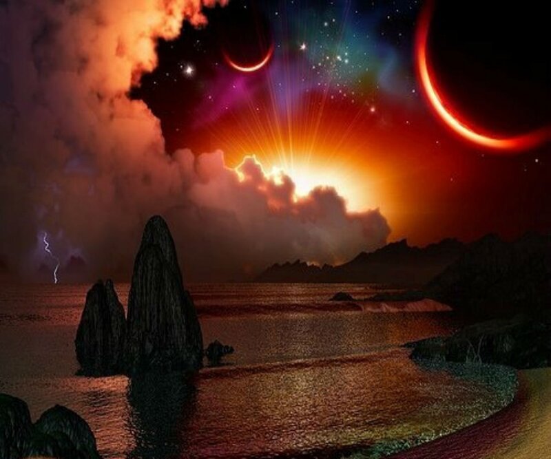 Alien Landscape at Sunset — Red, Dramatic, Digital Art, Clouds