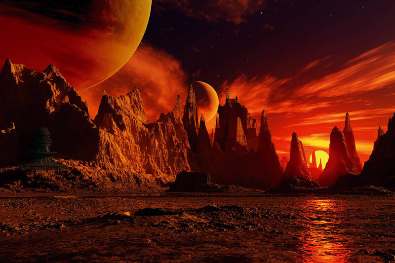 Alien Landscape at Sunset — Red, Dramatic, Digital Art, Mountains, Planets