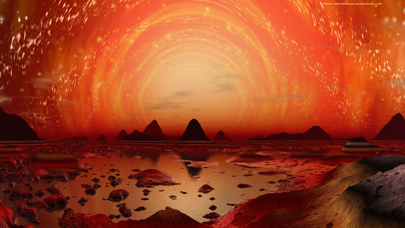 Alien Landscape at Sunset — Red, Dramatic, Digital Art, Mountains