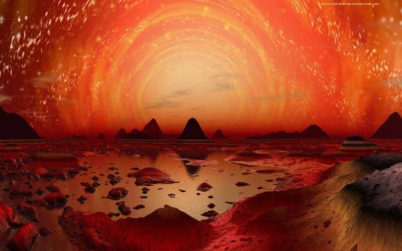Alien Landscape at Sunset — Red, Dramatic, Digital Art