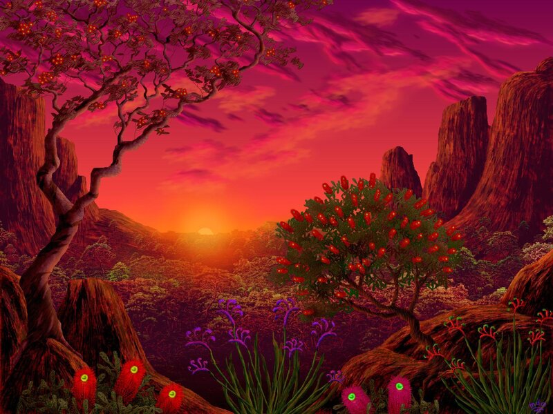 Alien Landscape at Sunset — Red, Dramatic, Digital Art, Trees, Flowers