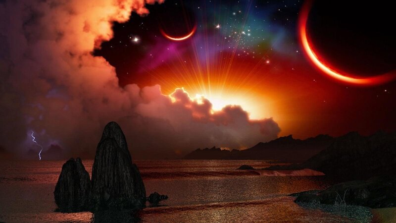 Alien Landscape at Sunset — Red, Dramatic, Night, Digital Art