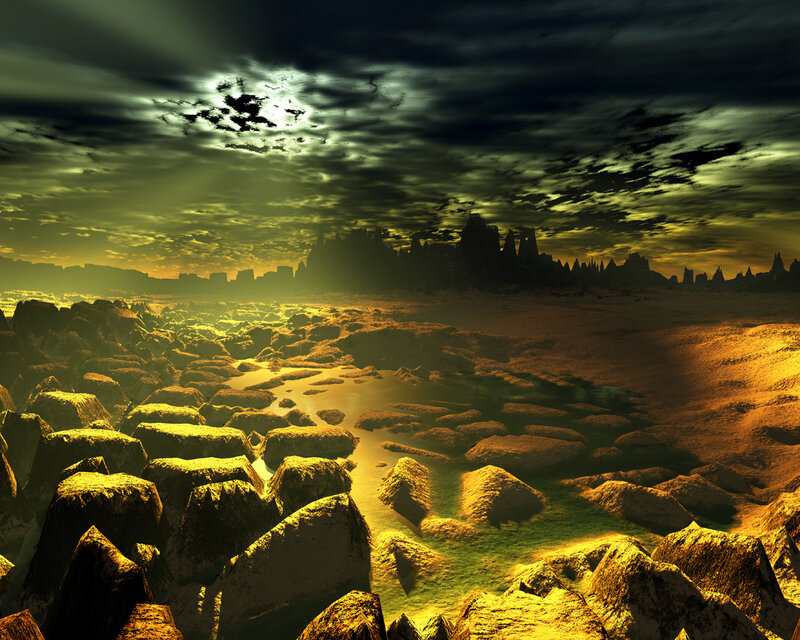 Alien Landscape at Sunset — Yellow, Dramatic, 3d Render