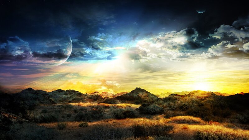 Alien Landscape at Sunset — Yellow, Dramatic, Digital Art