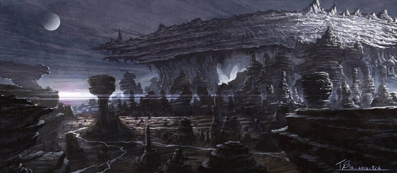alien landscape under a moon