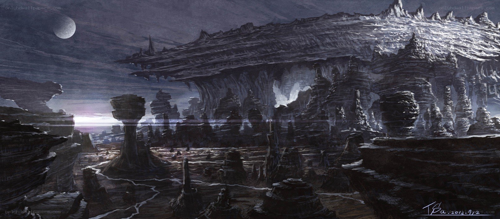 alien landscape under a moon