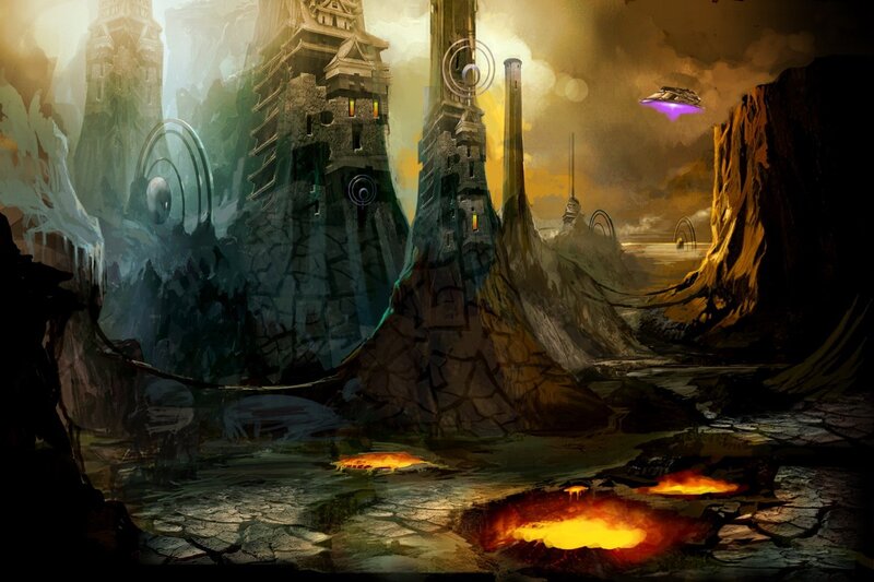 alien landscape with ancient towers
