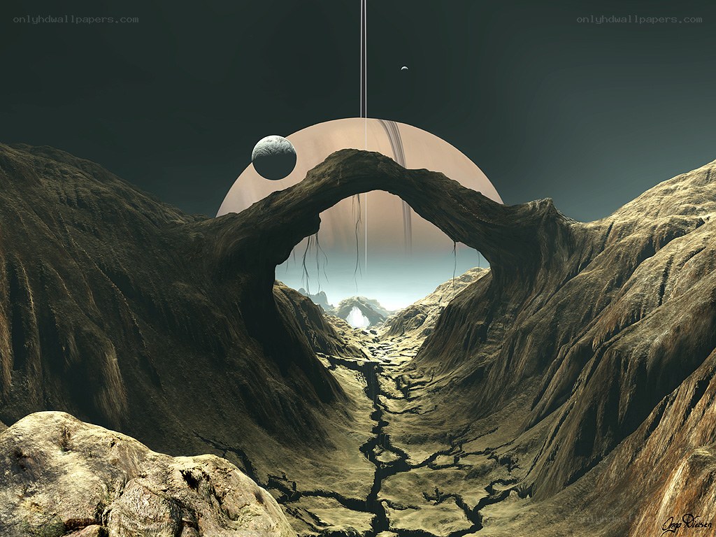 alien landscape with arch and planets