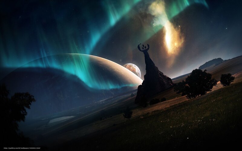 Alien Landscape with Aurora — Green, Dramatic, Night, Digital Art, Aurora Borealis, Planets