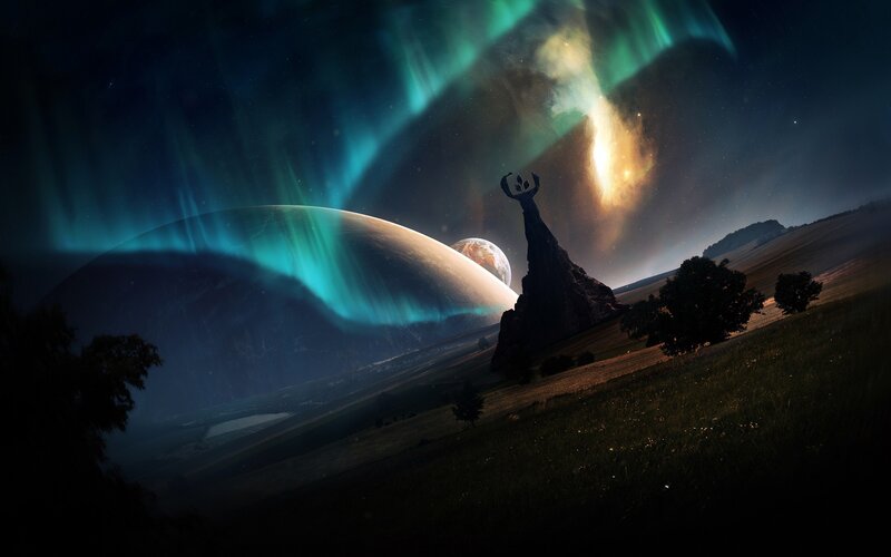 Alien Landscape with Aurora — Green, Dramatic, Night, Digital Art, Aurora Borealis