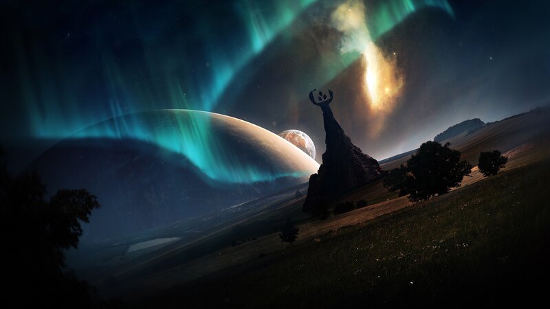 Alien Landscape with Aurora — Green, Dramatic, Night, Digital Art