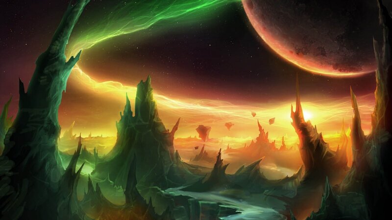 Alien Landscape with Aurora — Green, Dramatic, Sunset