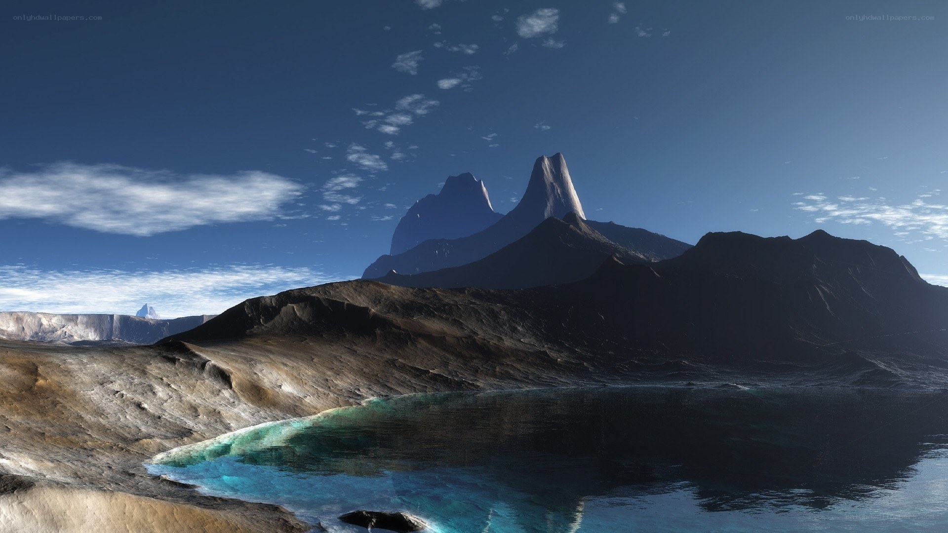 alien landscape with blue lake