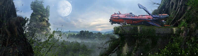 alien landscape with crashed ship