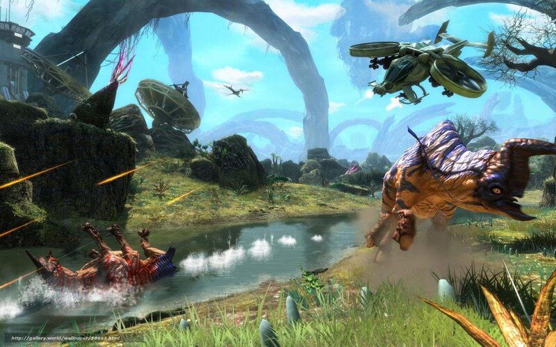 Alien landscape with creatures and aircraft