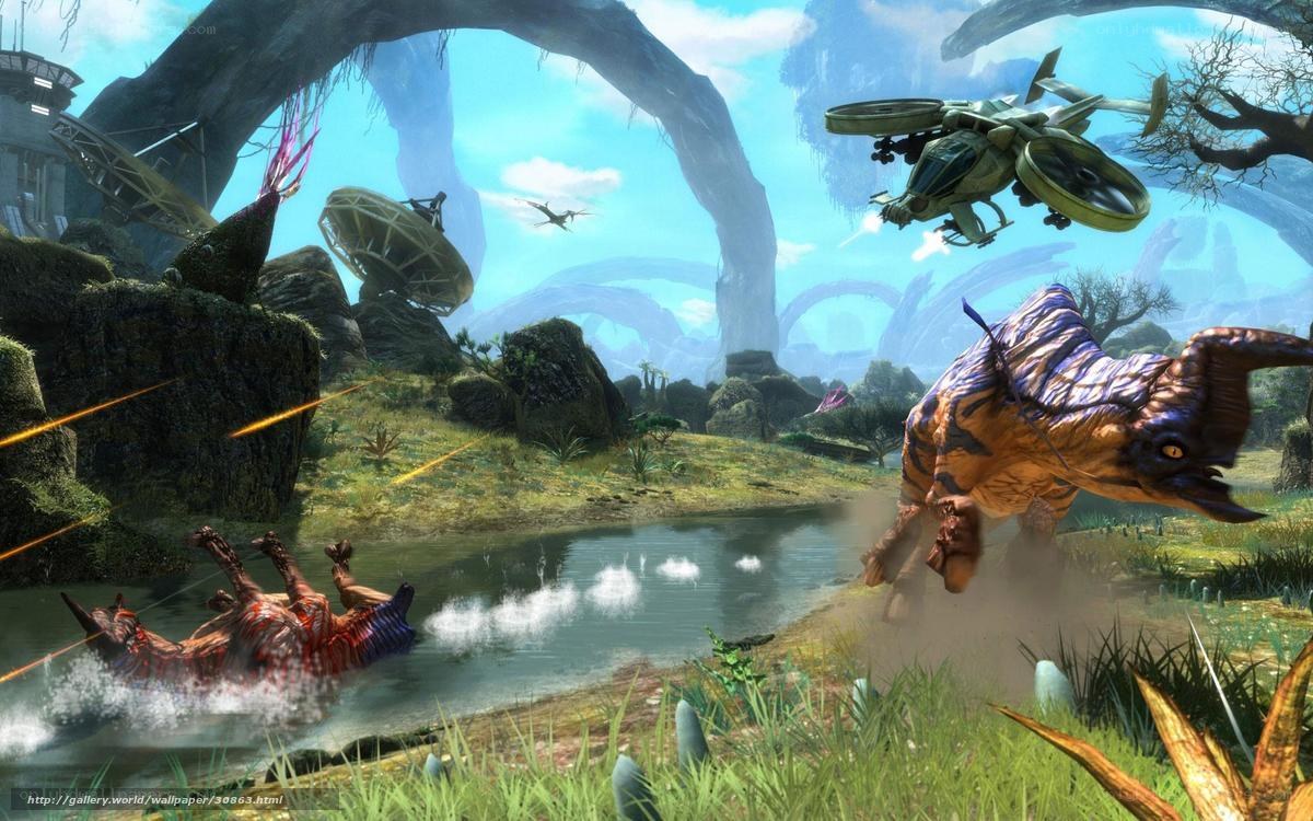 Alien landscape with creatures and aircraft