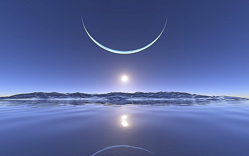 Alien Landscape with Crescent Moon — Blue