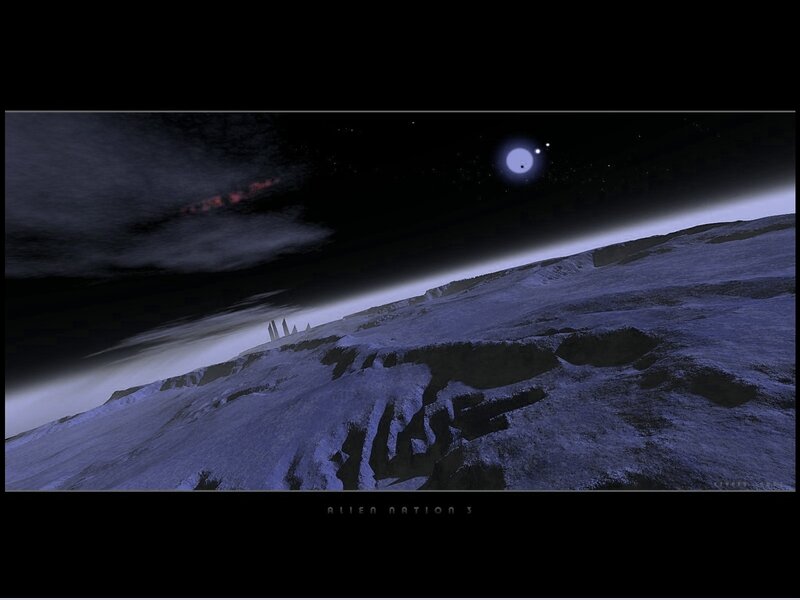 Alien landscape with distant planet