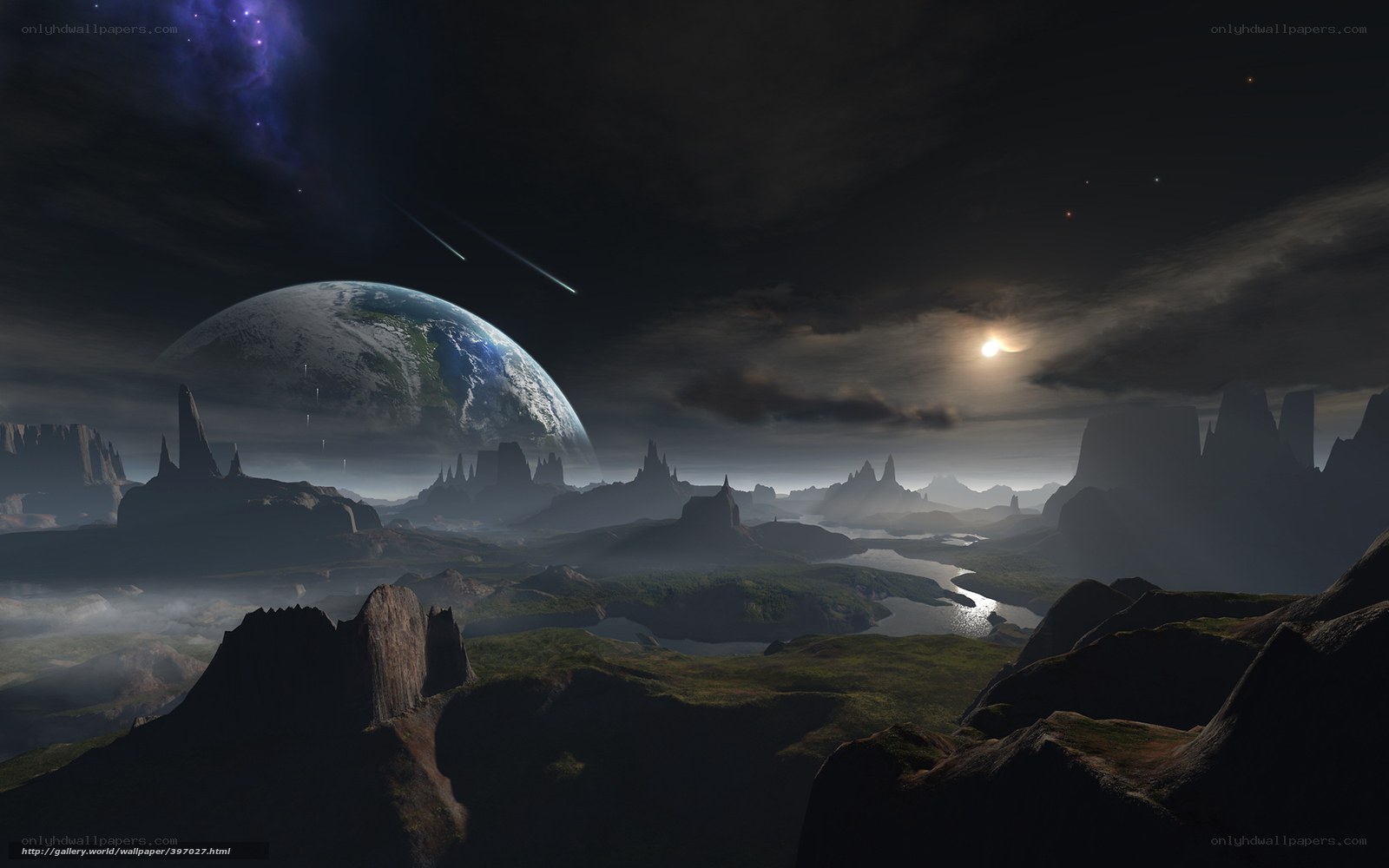Alien landscape with Earth view