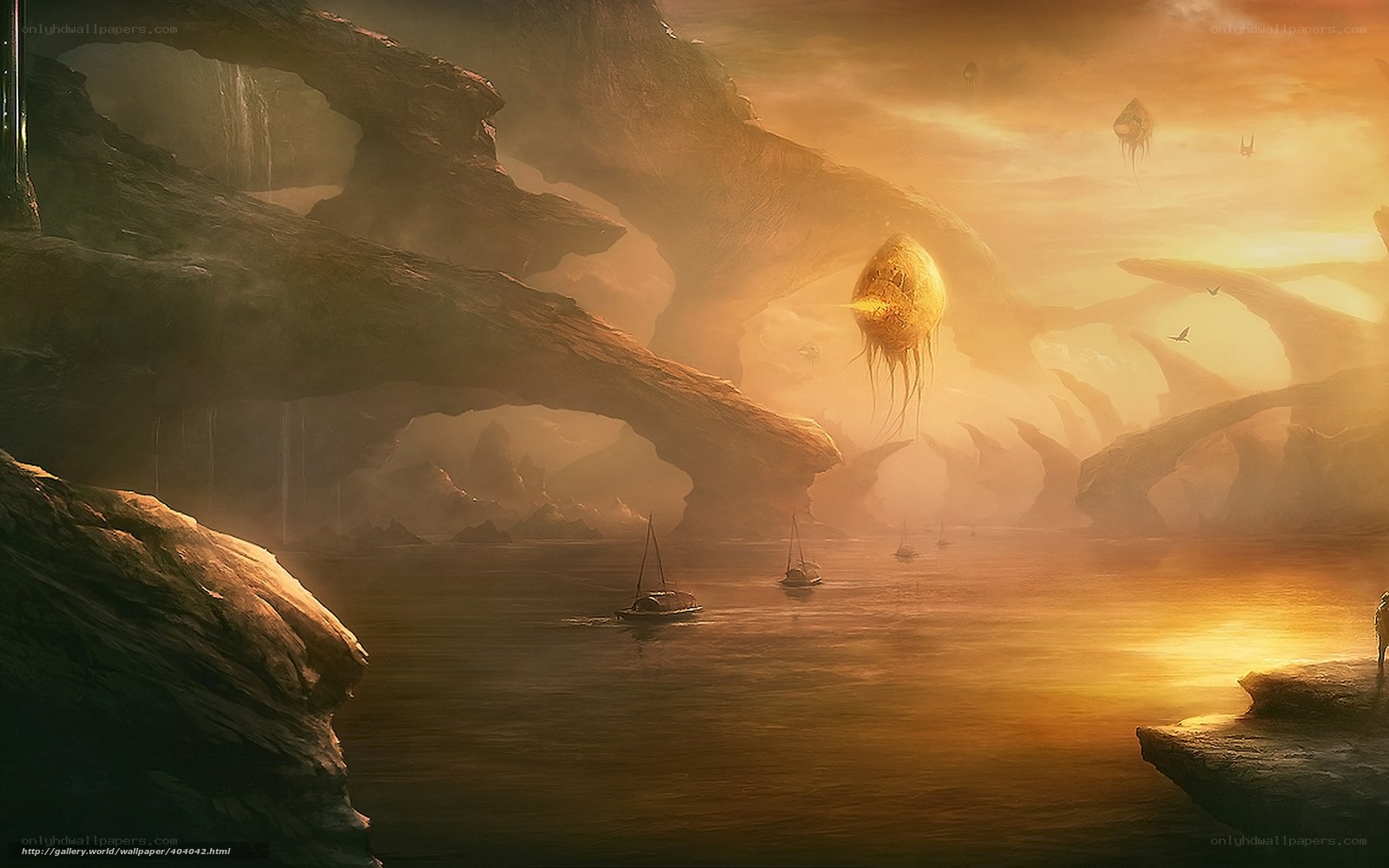 alien landscape with floating creatures
