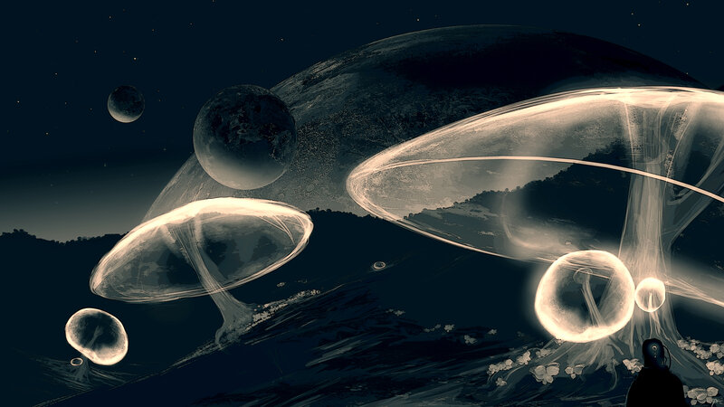 Alien Landscape with Floating Orbs