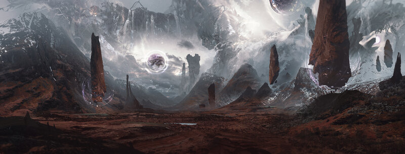 Alien Landscape with Floating Rocks — Gray