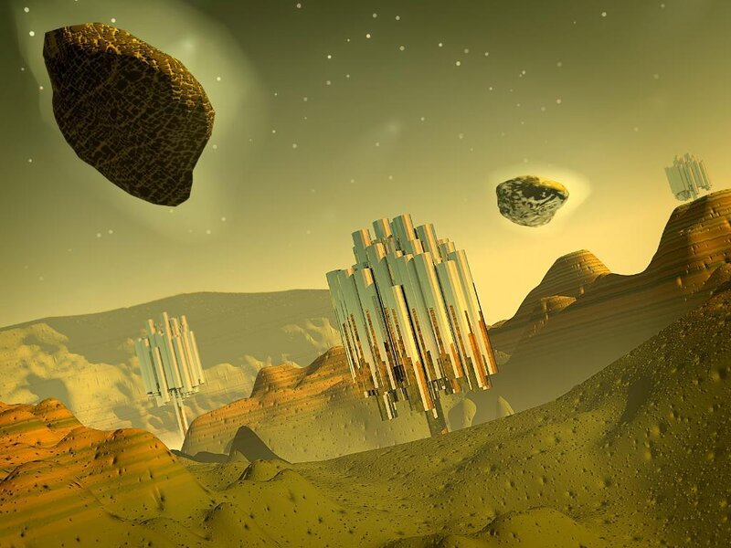 alien landscape with floating structures