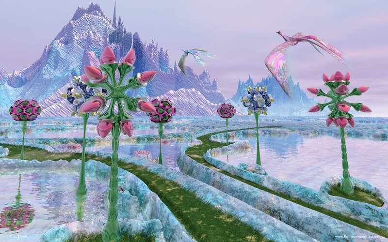 Alien Landscape with Flying Birds