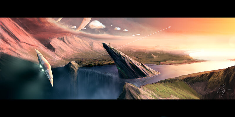 alien landscape with flying craft