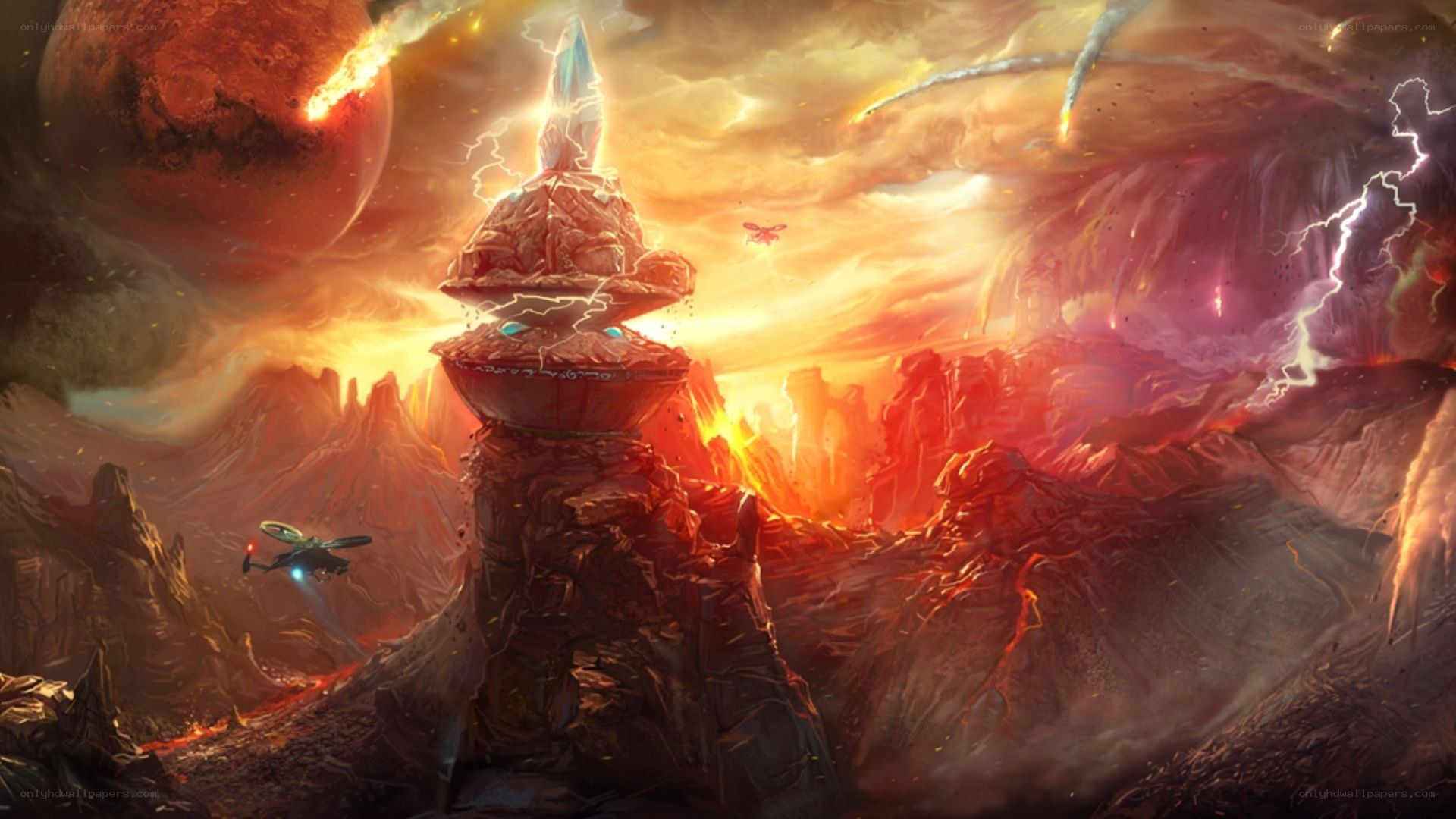 alien landscape with flying ships