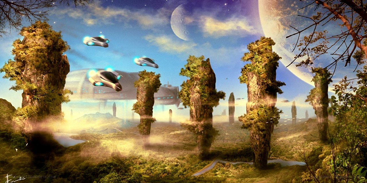 Alien landscape with flying ships