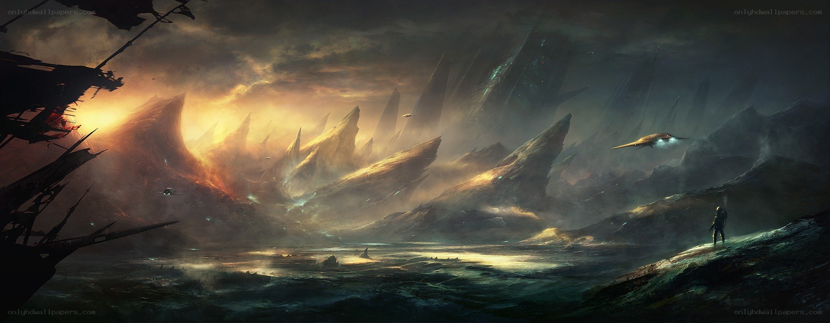 alien landscape with flying ships