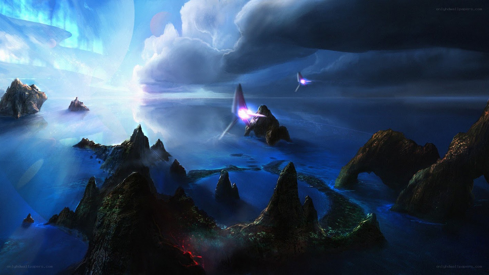 alien landscape with flying ships