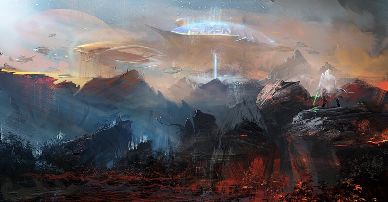 Alien Landscape with Flying Ships — Red