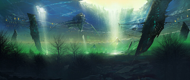 alien landscape with flying ships