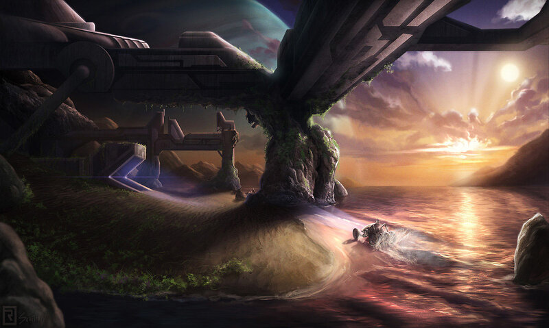 alien landscape with futuristic vehicle