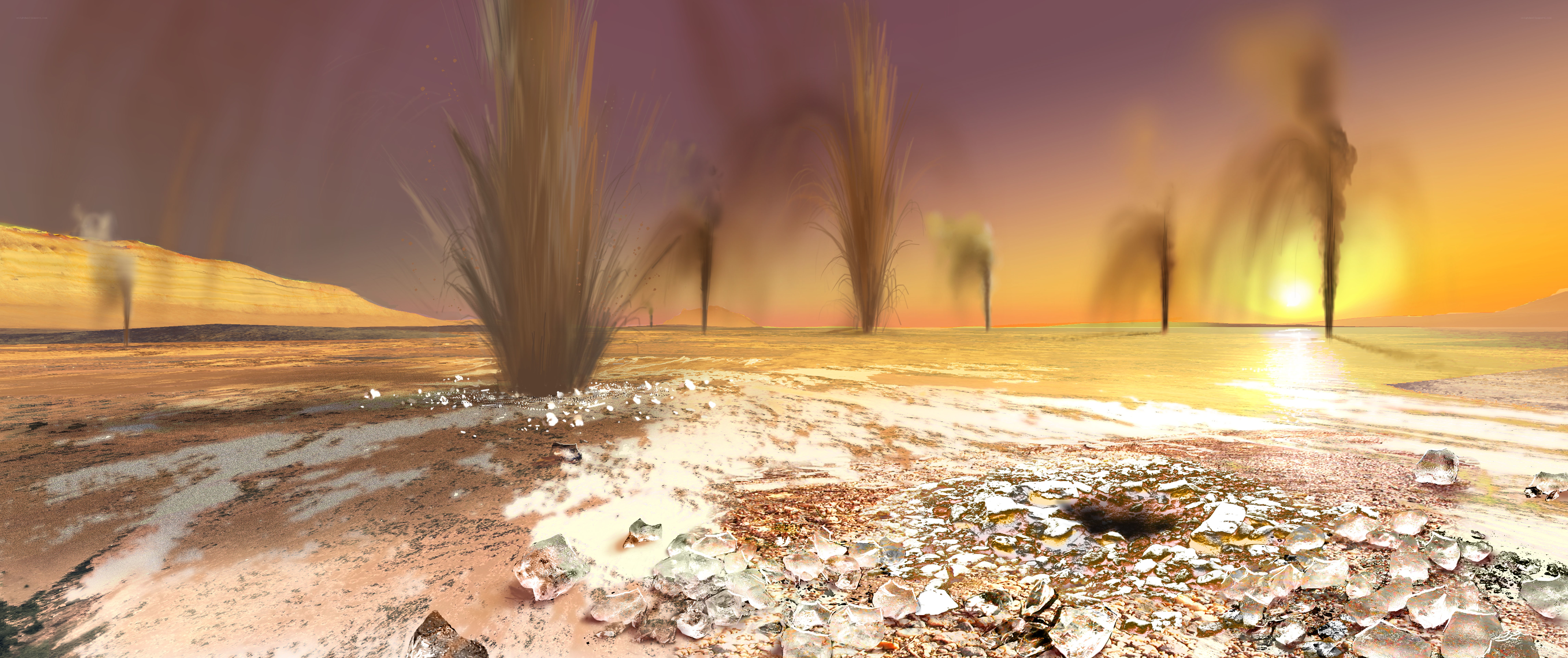alien landscape with geysers