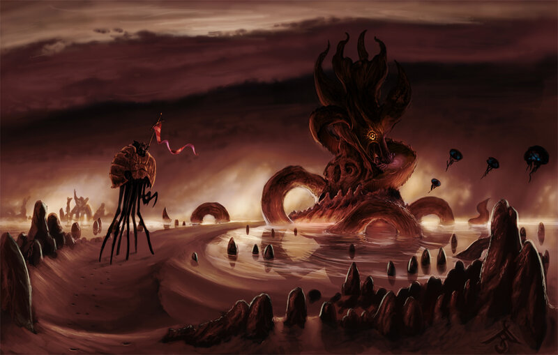 Alien landscape with giant creature
