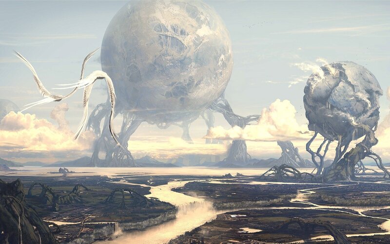 alien landscape with giant creatures